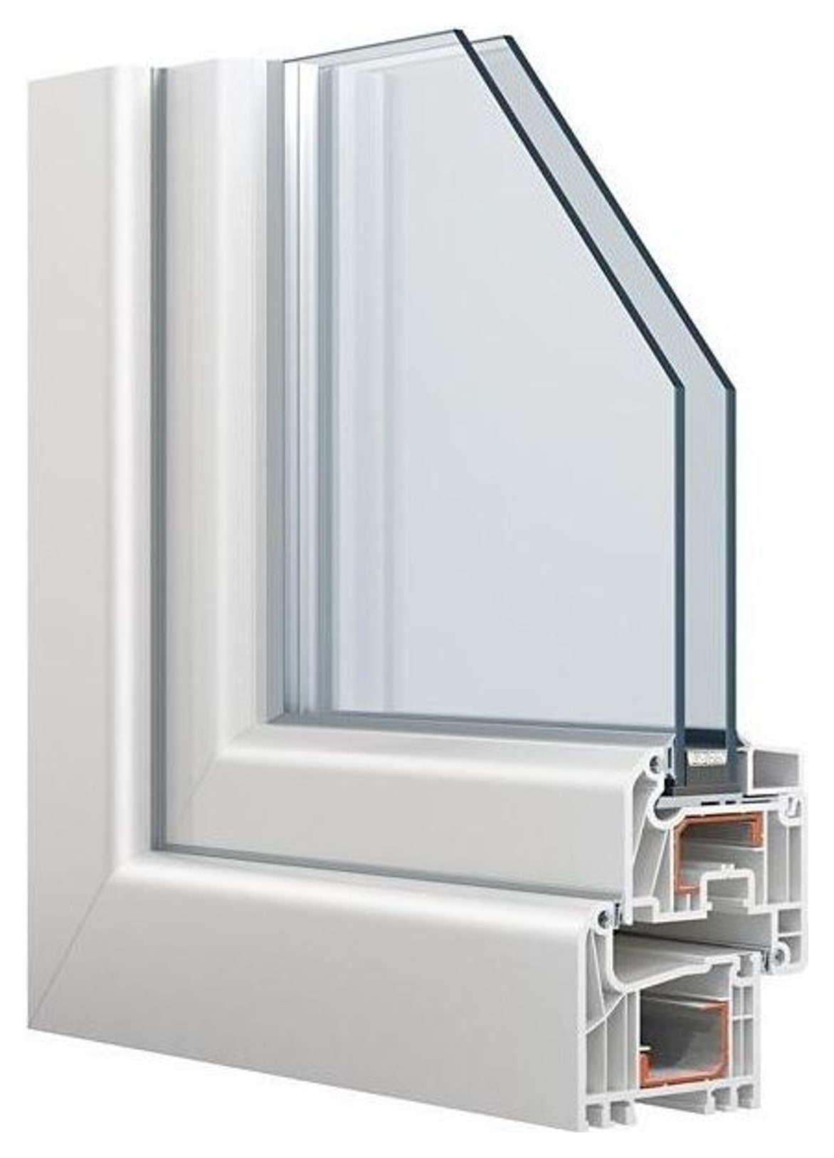 Corte técnico real del perfil de ventana PVC con termopanel doble